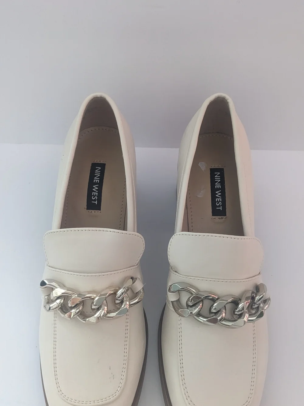 Nine West Women's Cream Chain Chunky Heel Trim Loafers 6